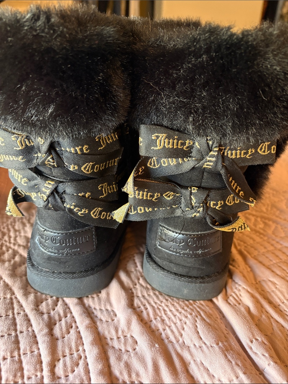 Juicy Couture Black Faux-Fur Bow-Back Kids Boots with Gold Logo Trim